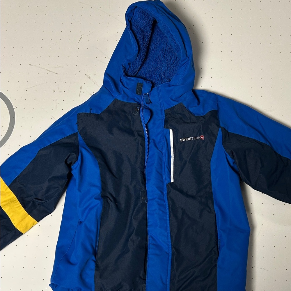 Swiss Tech Kids Coat in Blue and Navy with Yellow Accent